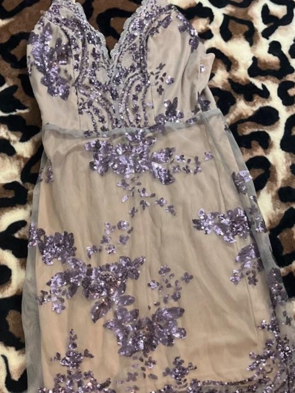 Lavender Sequin Embellished Nude Mesh Evening Dress